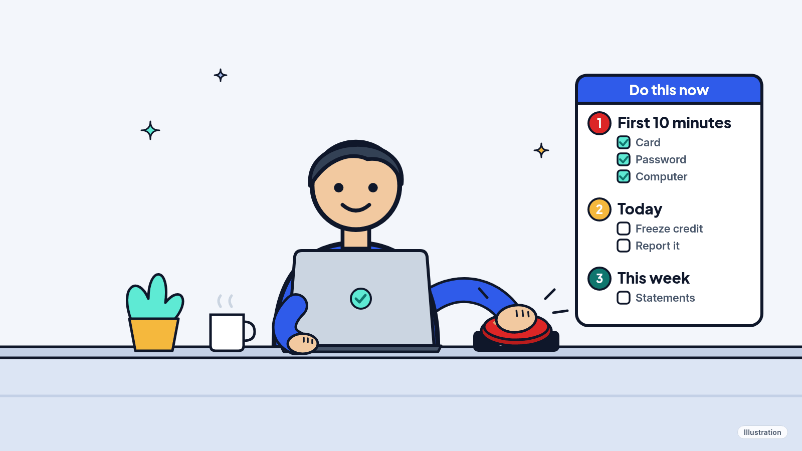 Illustration: a person at a laptop pressing a large red stop button, beside a checklist headed "Do this now", split into first 10 minutes, today and this week.
