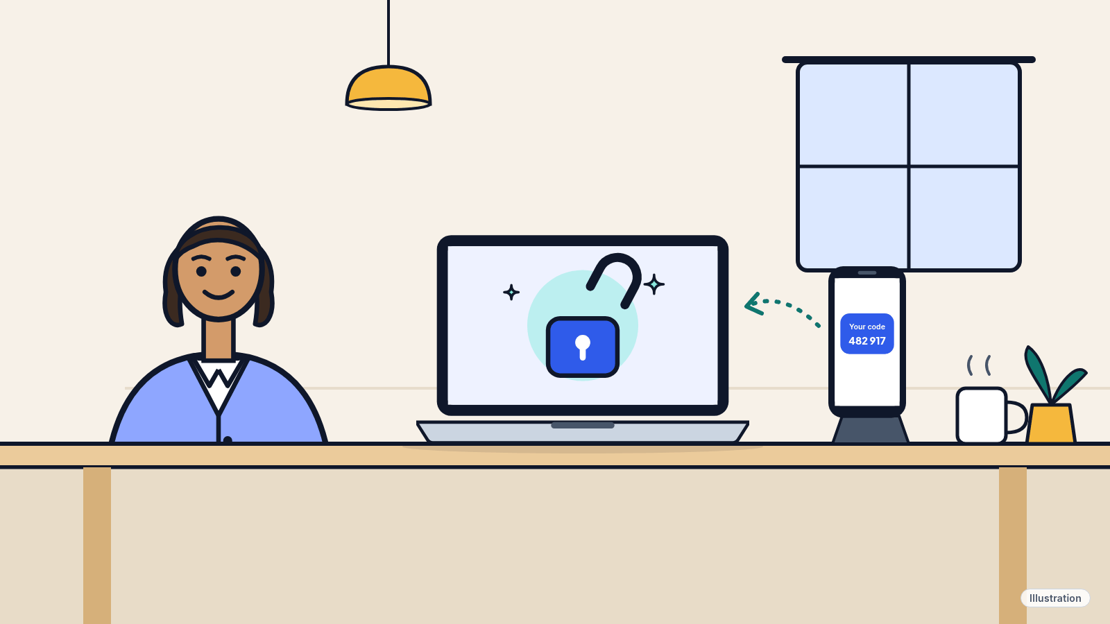Illustration: a person at a kitchen table with a phone and a laptop, a padlock on the screen opening as a recovery code arrives.