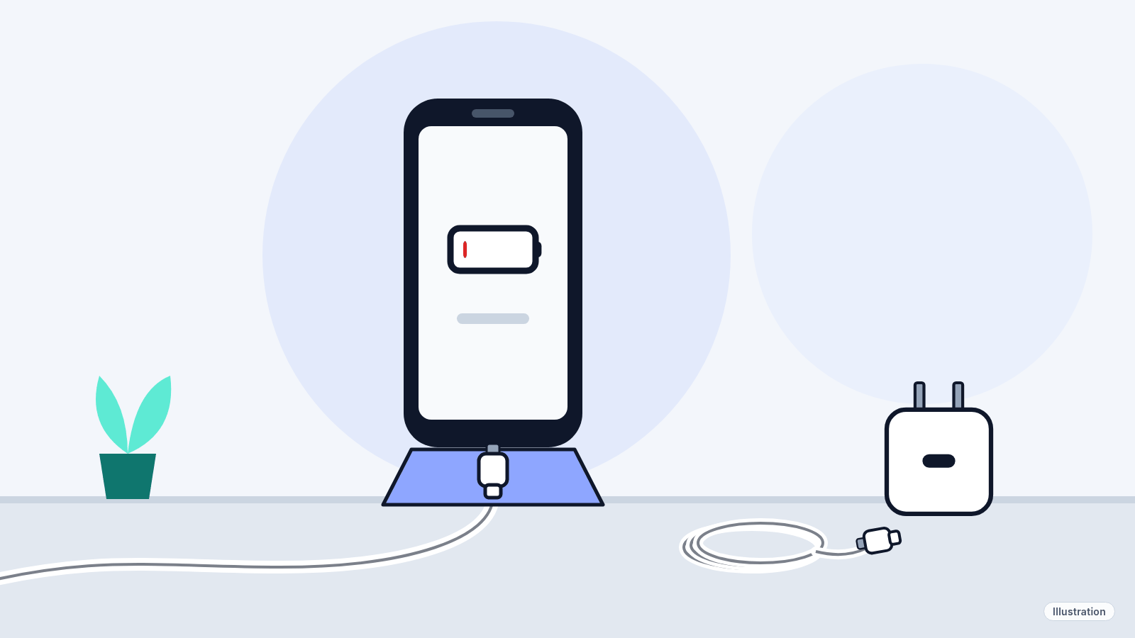 Illustration: a smartphone on a table with a charging cable plugged in and an empty battery icon on its screen, next to a spare cable and a wall charger.