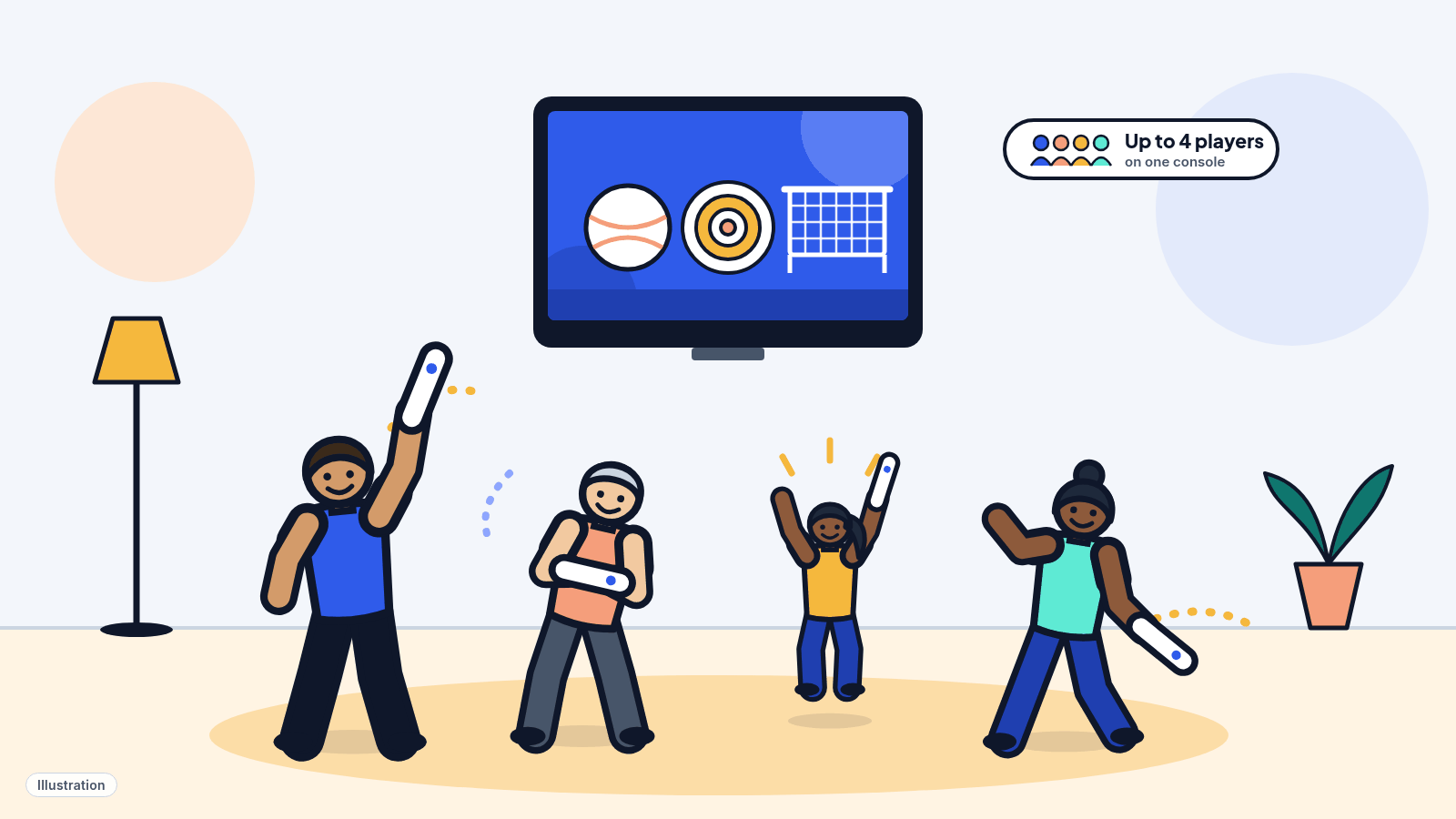 Illustration: four family members of different ages play a motion sports game together in front of a living-room TV.